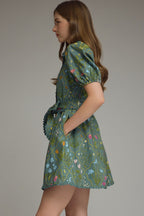 Floral Print Puff Sleeve Mini Dress w Scallop Trim