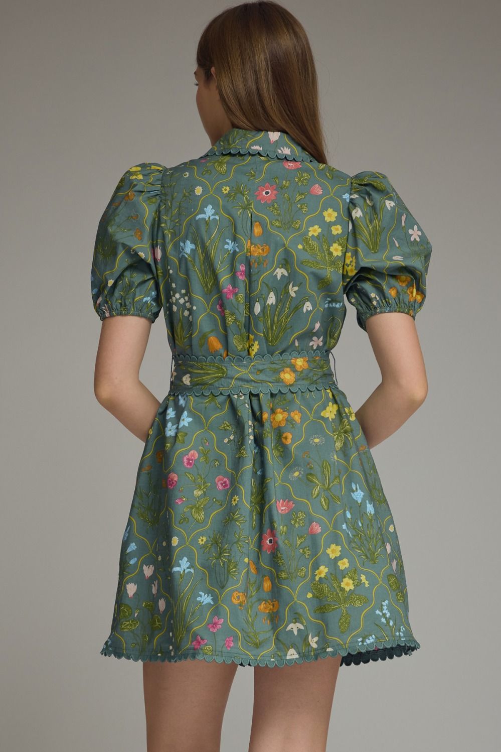 Floral Print Puff Sleeve Mini Dress w Scallop Trim
