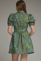 Floral Print Puff Sleeve Mini Dress w Scallop Trim