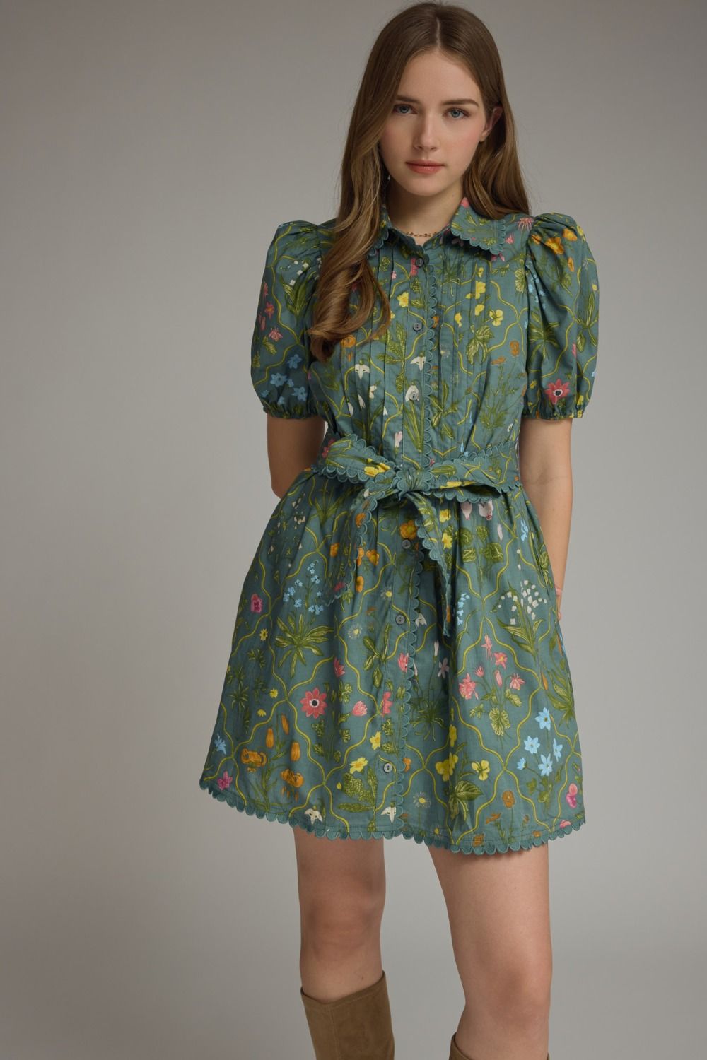 Floral Print Puff Sleeve Mini Dress w Scallop Trim