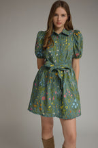 Floral Print Puff Sleeve Mini Dress w Scallop Trim