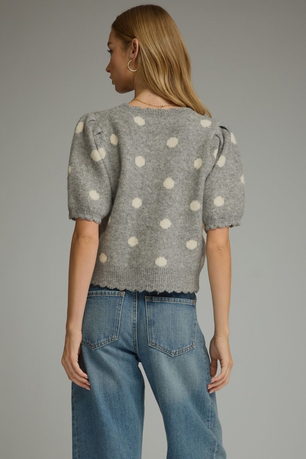 Short Sleeve Polka Dot Sweater - Grey