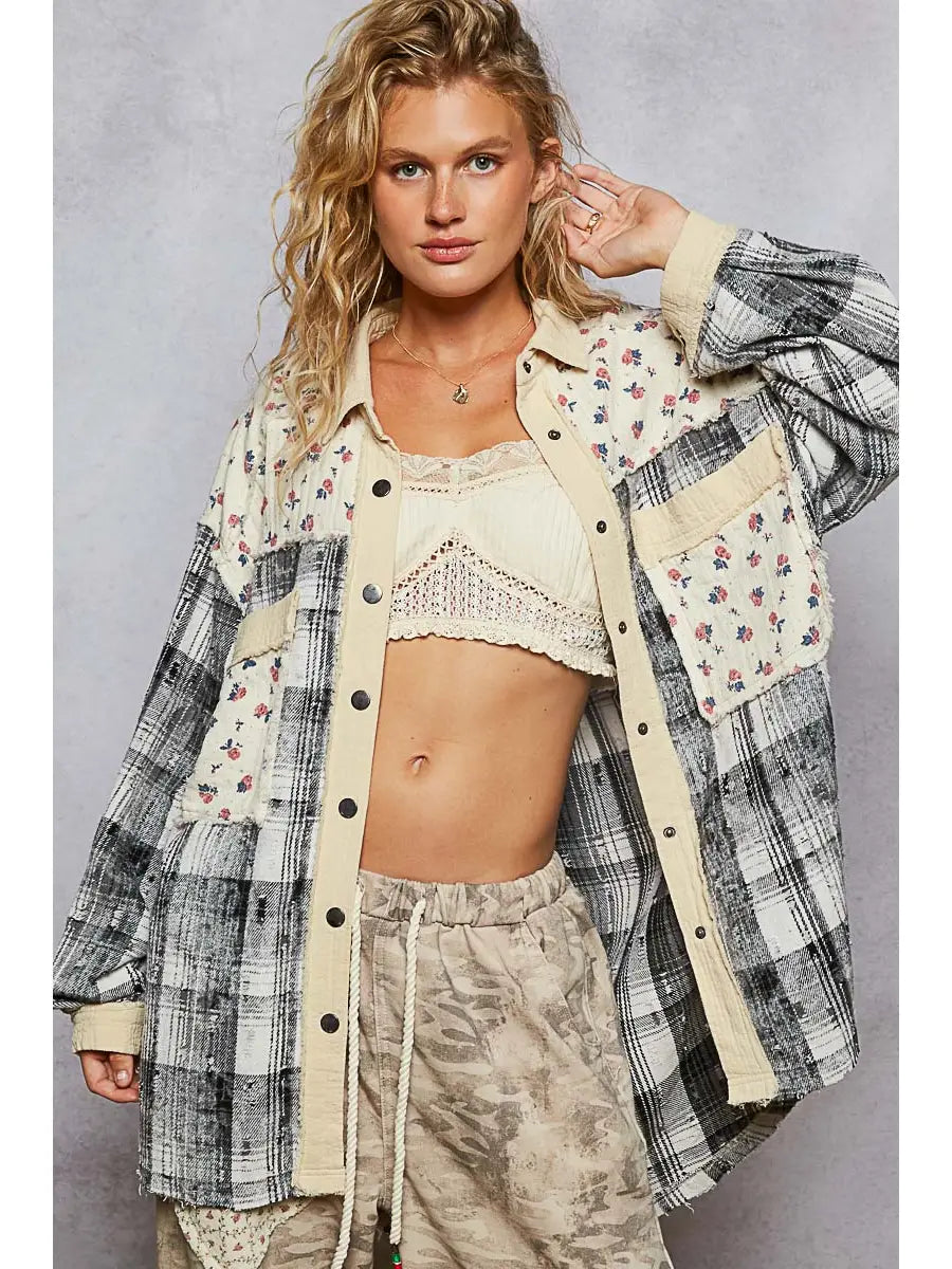 Long Sleeve Gauze Outseam Floral Plaid Shirt Jacket