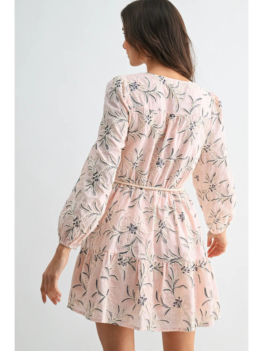 Embroidered Floral Belted Long-Sleeve Mini Dress