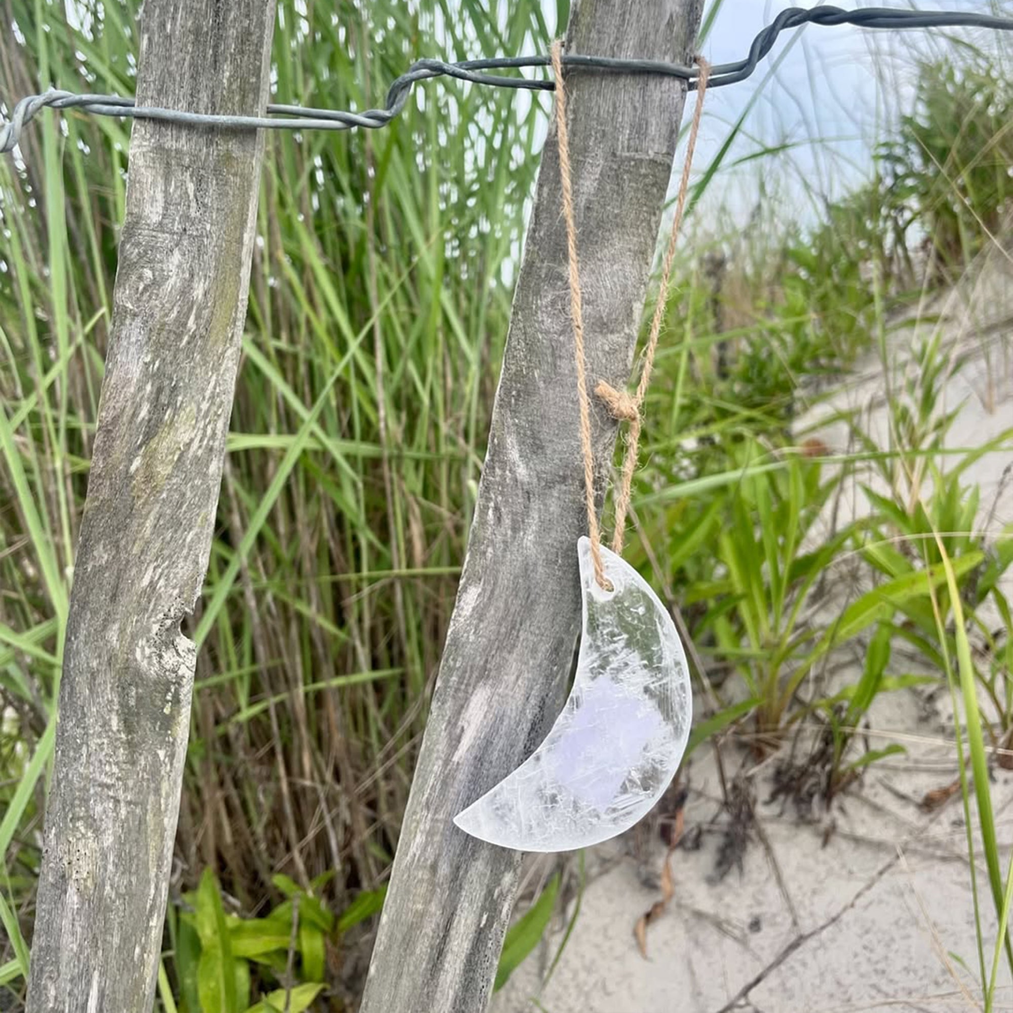Hanging Selenite Moon on Jute