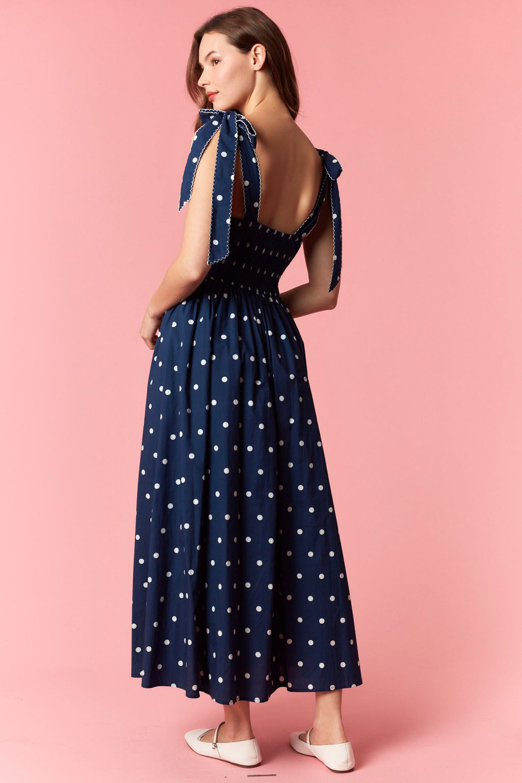 Navy Polka Dot Dress with Ties and Back Smocking