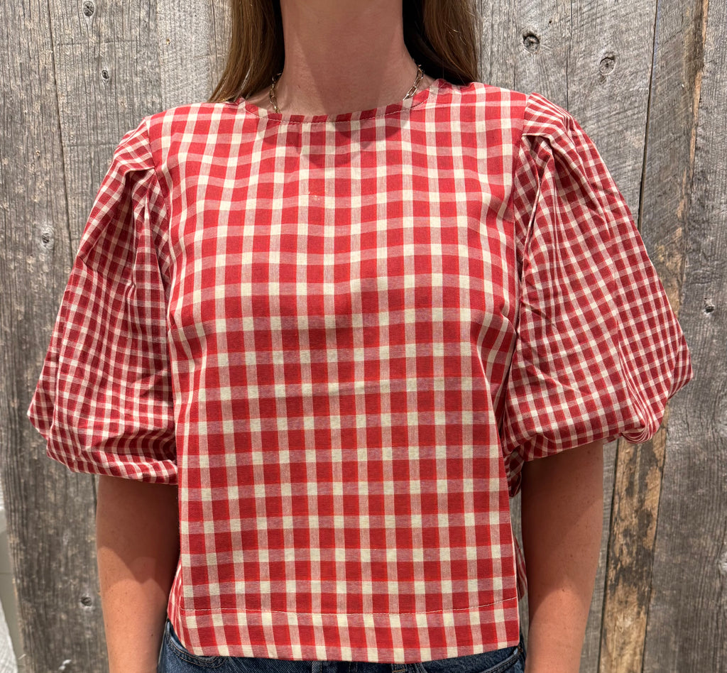 Red Plaid Top with Puff Sleeves