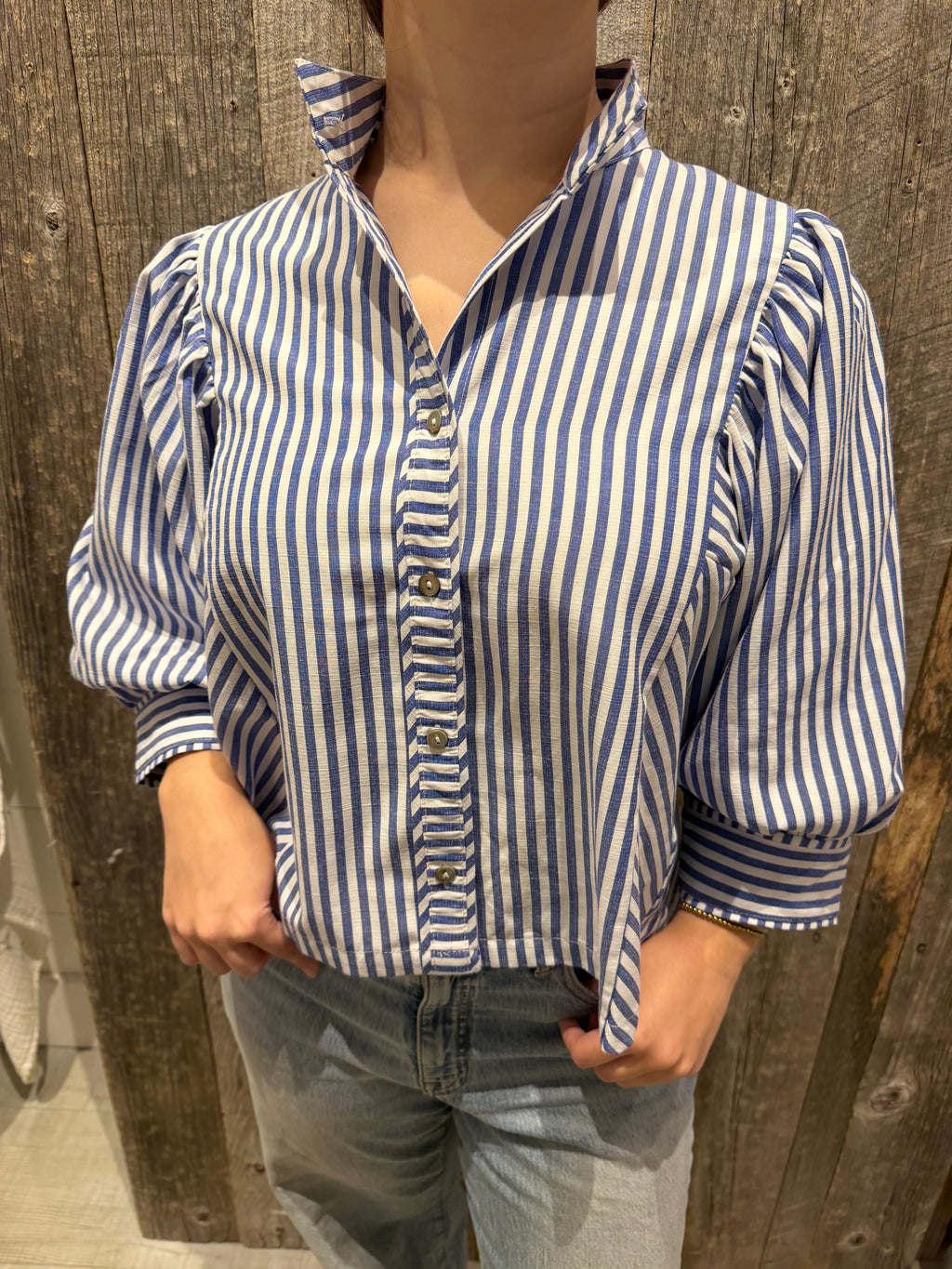 Button Down Blouse with Blue Stripes