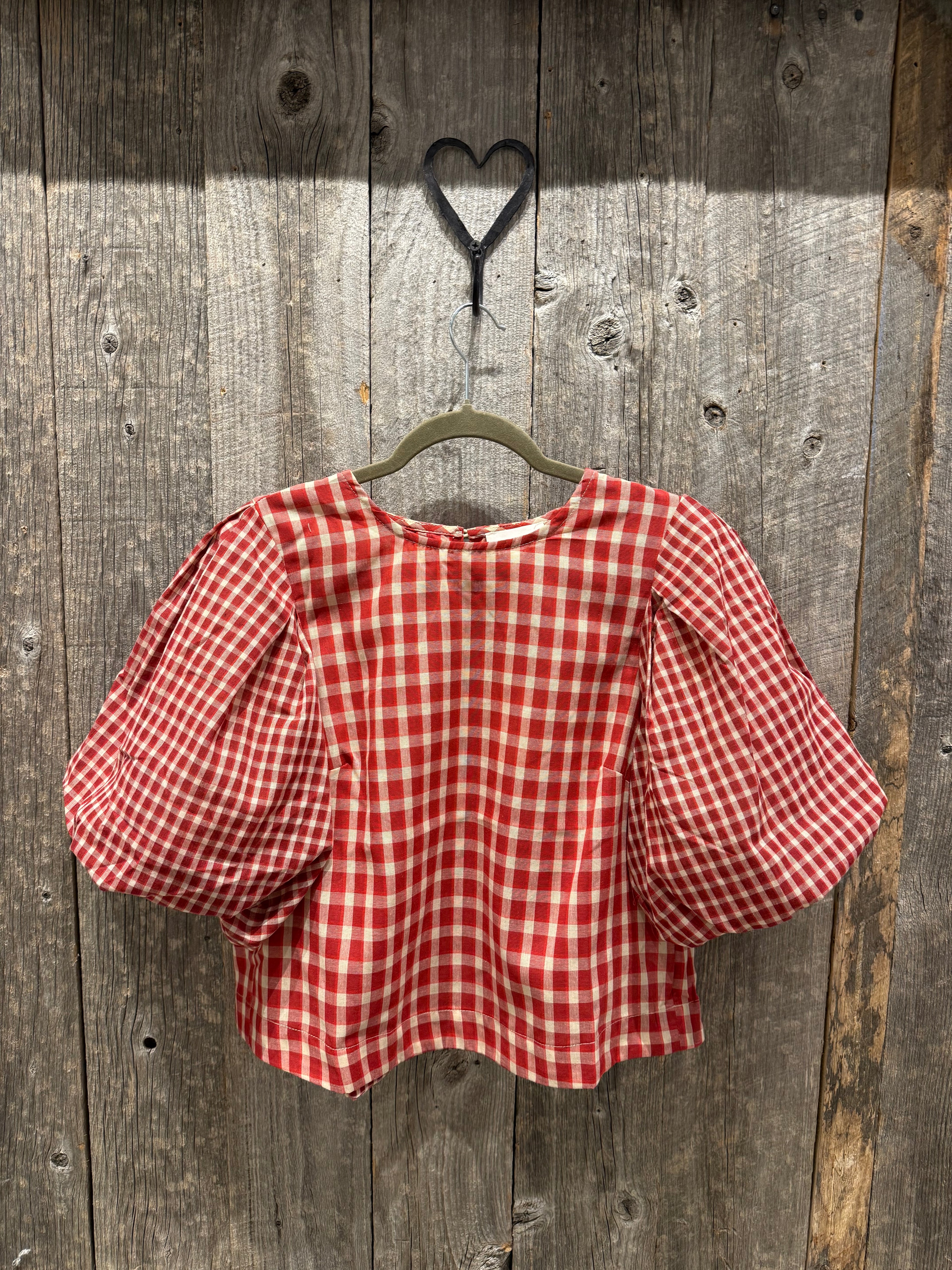 Red Plaid Top with Puff Sleeves