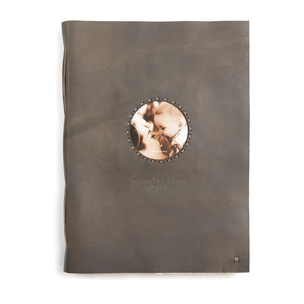 ***Welcome To The World Leather Photo Keeper  - Grey