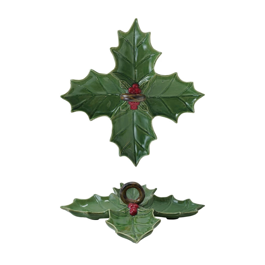 Ceramic Holly Leaf Shaped Dish w  Sections & Handle