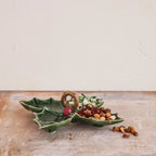 Ceramic Holly Leaf Shaped Dish w  Sections & Handle