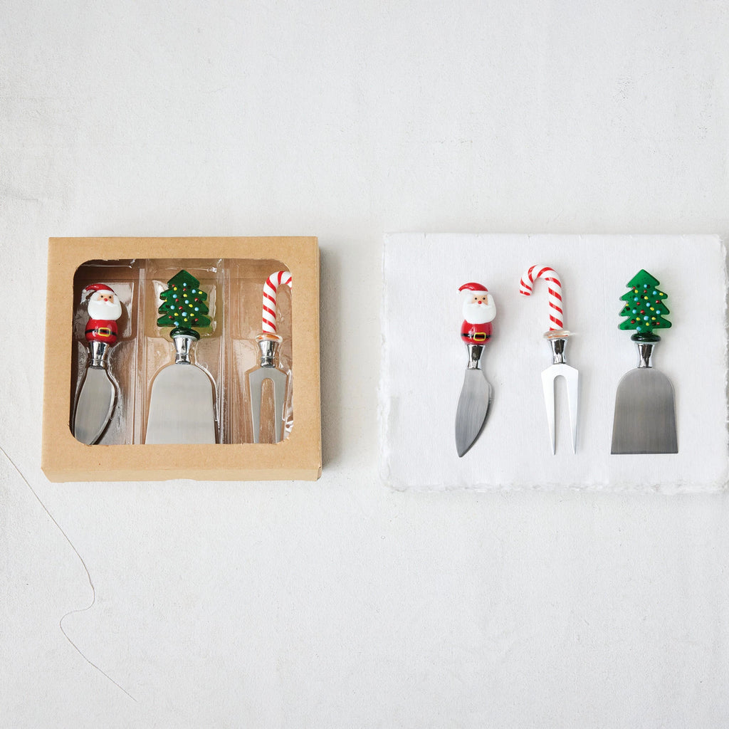Cheese Knives with Glass Holiday Icon Handle, S/3