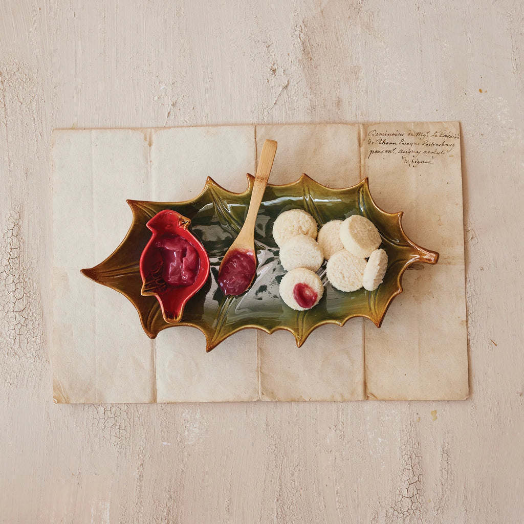 Stoneware Plate with Dish & Bamboo Spoon, S/ 3