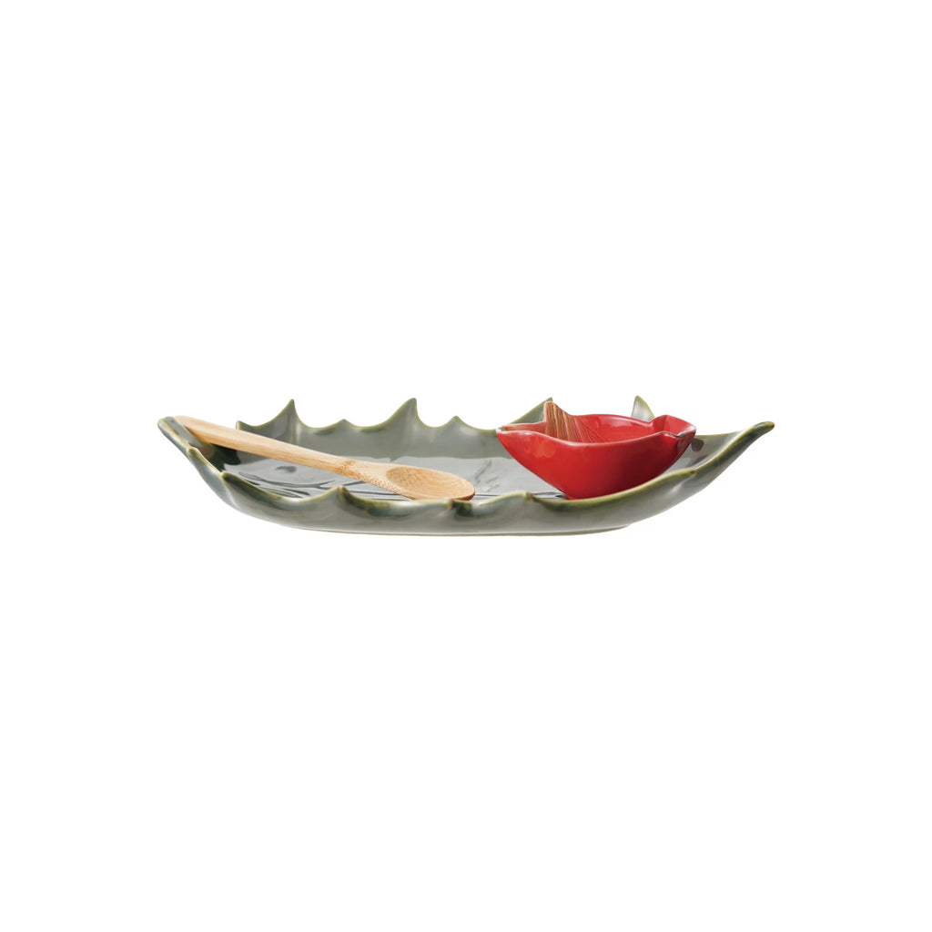 Stoneware Plate with Dish & Bamboo Spoon, S/ 3
