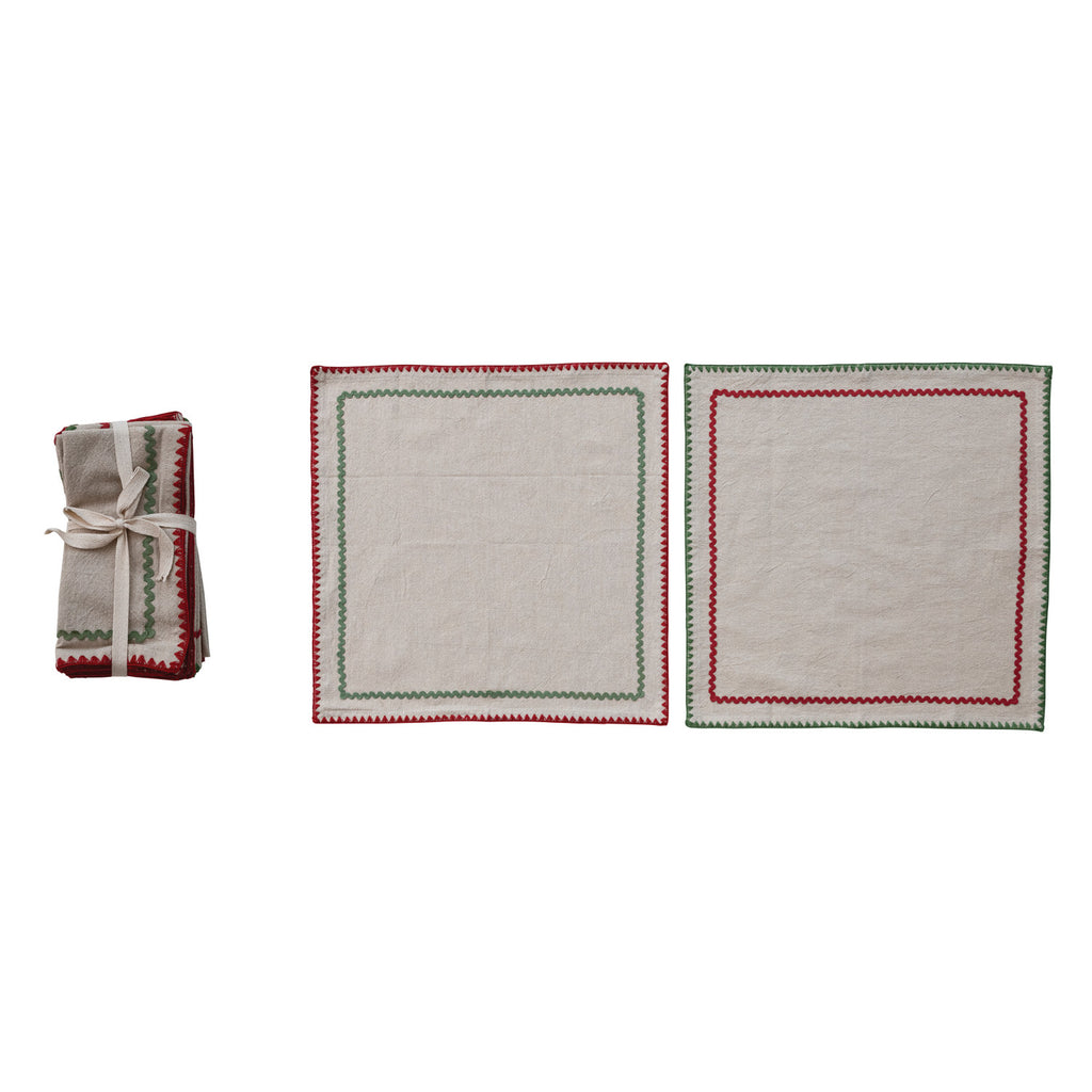 Woven Napkins with Stitched Edge & Ric Rac Trim - Set of 4