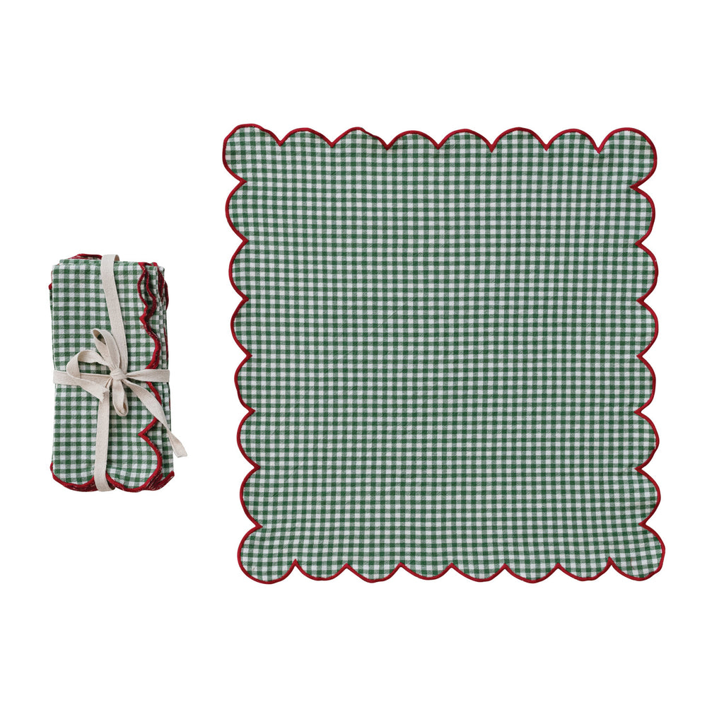 Green Gingham Cotton Napkins with Red Trim - Set of 4