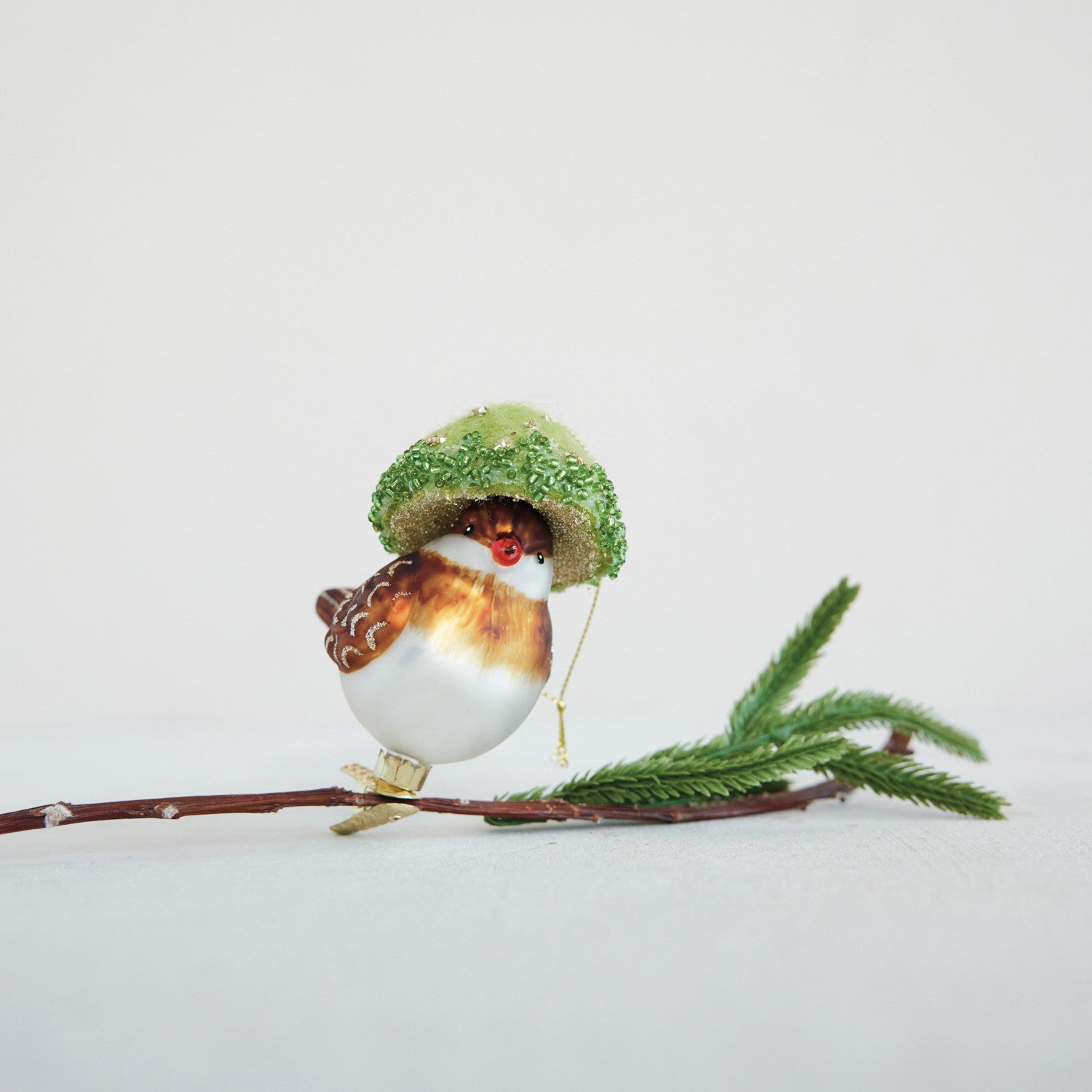 Glass Bird Clip-on Ornament with Wool Mushroom Hat
