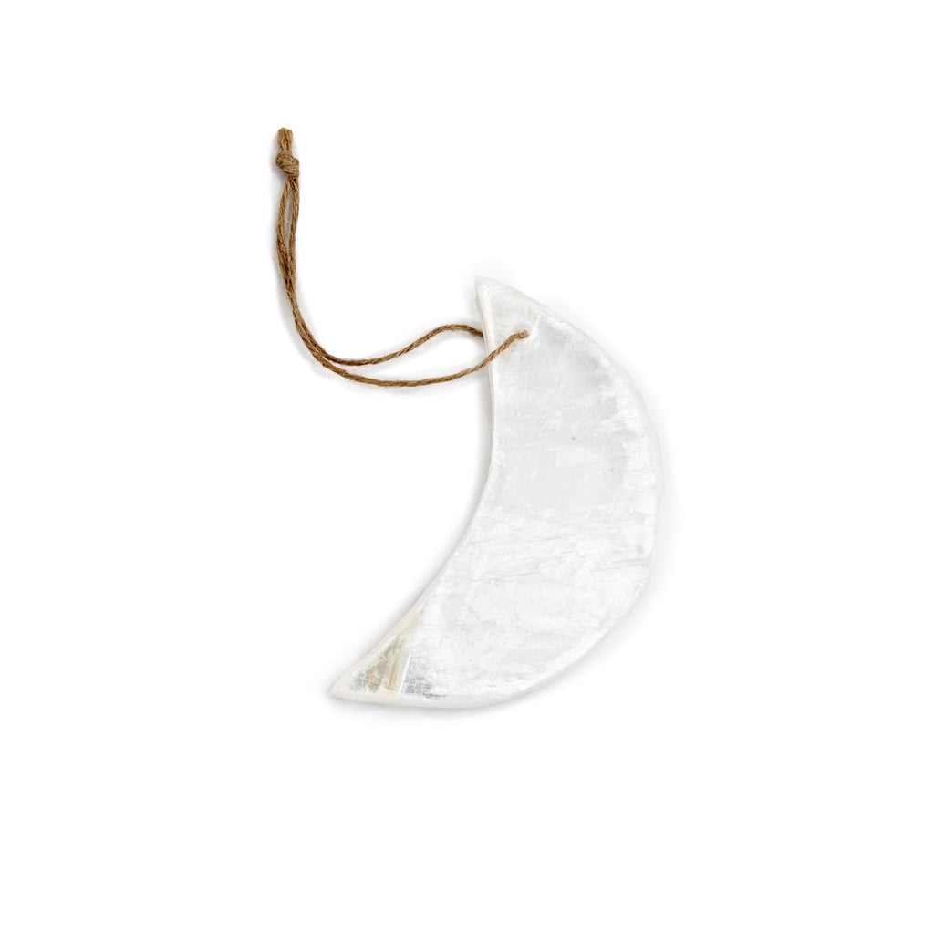 Hanging Selenite Moon on Jute